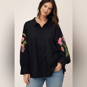 Ravel Black Long Sleeve Button Down Shirt Hand Painted Flowers On Sleeves XL
